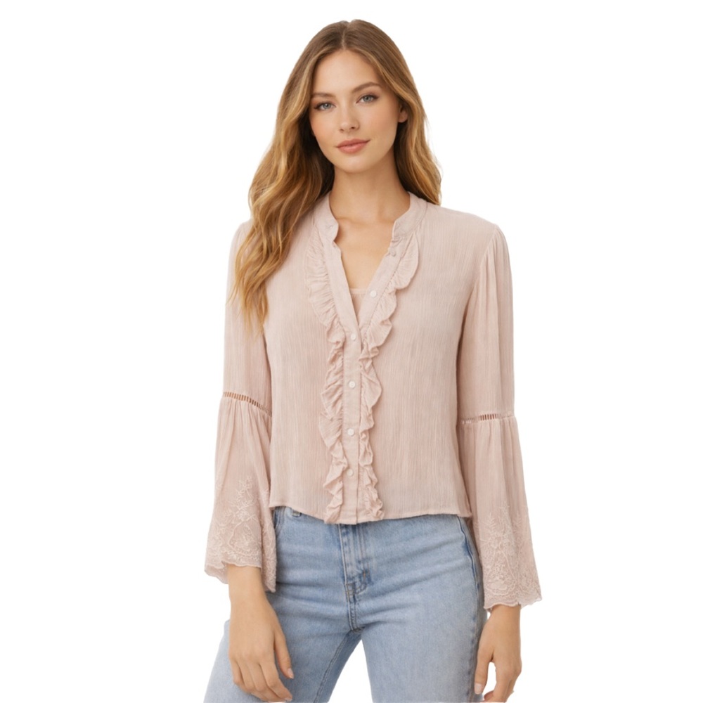 Lost + Wander Blush Ruffle Lace Sleeve Boho Blouse Size M ✨